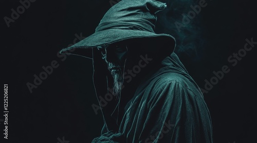 Sinister figure in grim reaper attire surrounded by darkness conveying Halloween mystery and eerie atmosphere for seasonal events. photo