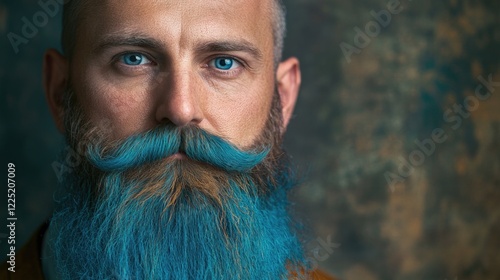 Handsome man with blue beard and piercing blue eyes posing against a textured background in a vintage portrait style. photo