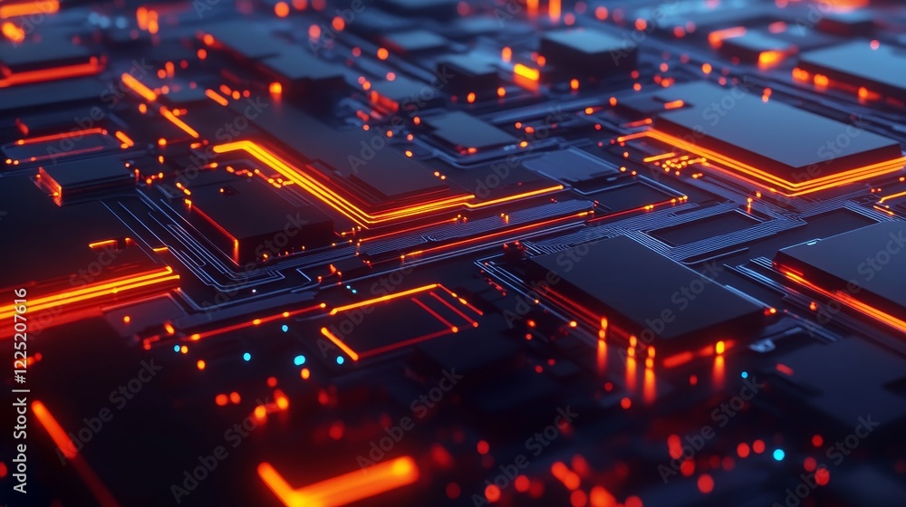 Obraz premium Abstract close-up of a futuristic circuit board with glowing orange lines and dark geometric shapes