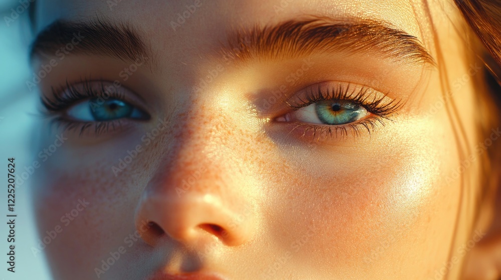 Fototapeta premium Close-up of a woman's face showcasing healthy skin, striking blue eyes, and natural beauty with radiant features and glowing complexion.