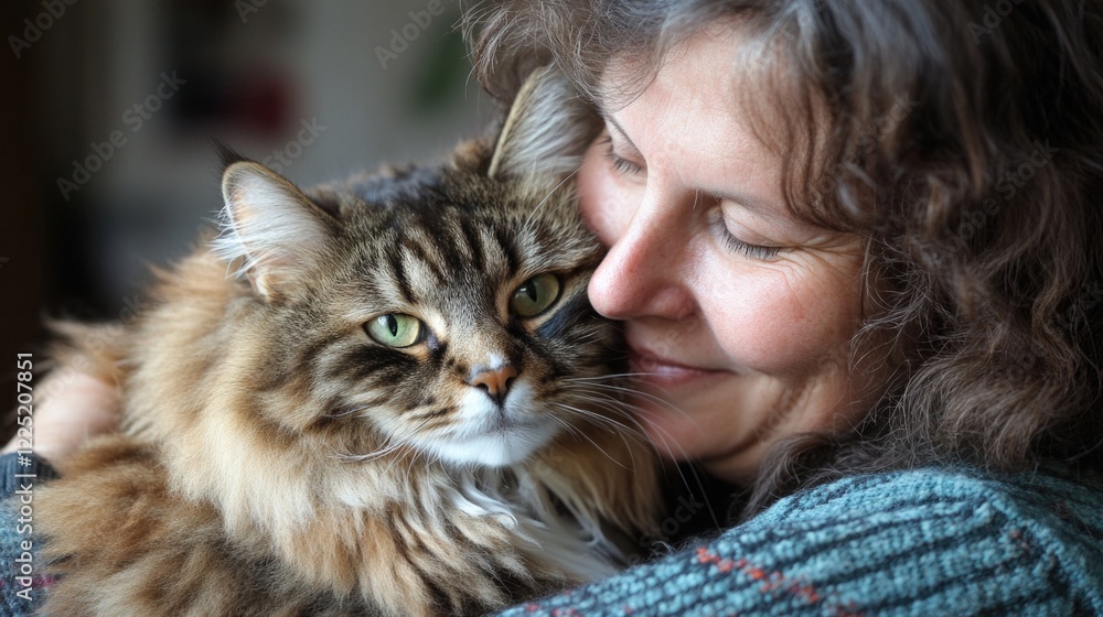 Joyful woman cuddling with a fluffy cat at home displaying affection and the strong bond shared between cat and owner in a warm atmosphere Joyful woman cuddling with a fluffy cat at home displaying affection and the strong bond shared between cat and owner in a warm atmosphere