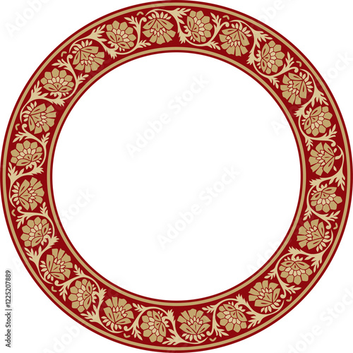 Vector round gold with red Indian national ornament. Ethnic plant circle, border. Frame, flower ring. Poppies and leaves