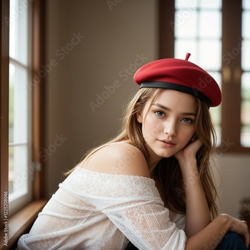Young Woman in White Lace Blouse and Red Beret Sitting Calmly by Window