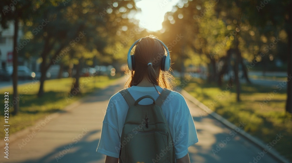 Obraz premium Young woman enjoying music on a sunny path with headphones and a backpack in a serene outdoor setting during golden hour.