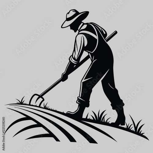 a farmer plowing a field silhouette vector design art and illustration