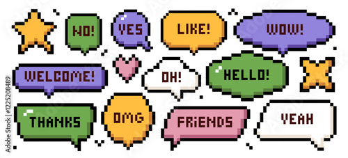 Speech bubbles with words text pixel art 8 bits Y2K for messaging and communication in retro style