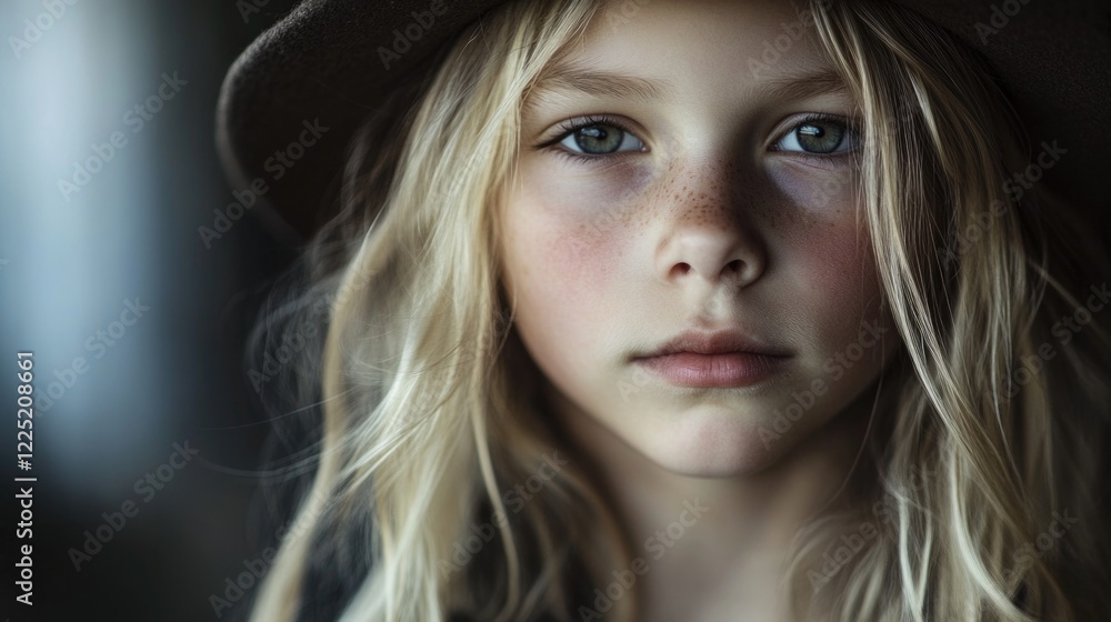 Fototapeta premium Portrait of a young blonde girl with freckles wearing a stylish hat deep in thought against a blurred background.