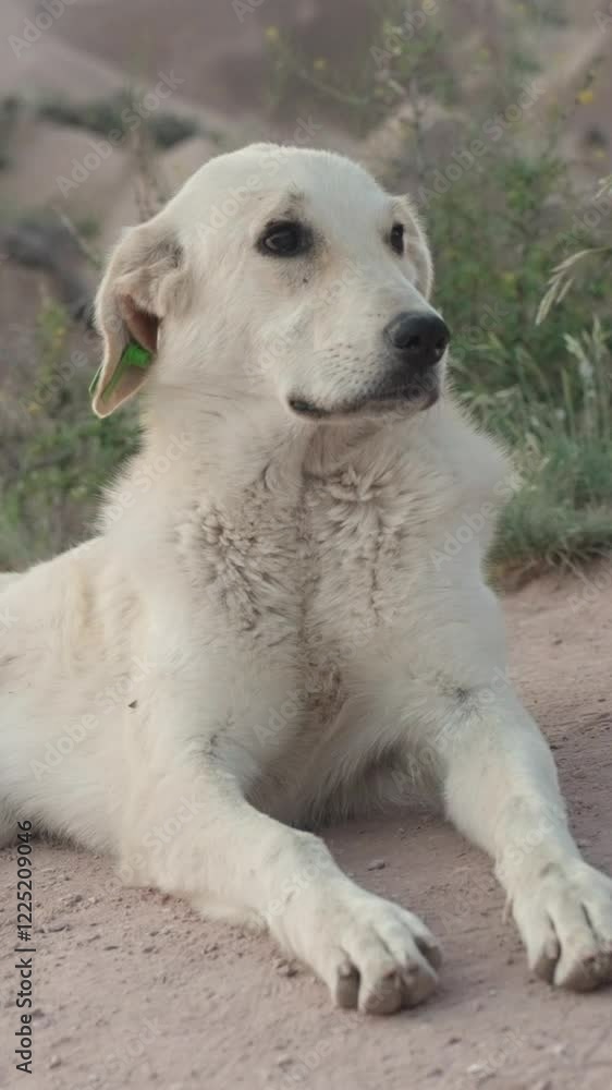 Vertical video. A stray dog rests peacefully. Landscapes of Cappadocia, Turkey. The hard situation of stray animals. Hunger of stray dogs. Adoption of dogs, animal shelter. The work of volunteers Vertical video. A stray dog rests peacefully. Landscapes of Cappadocia, Turkey. The hard situation of stray animals. Hunger of stray dogs. Adoption of dogs, animal shelter. The work of volunteers