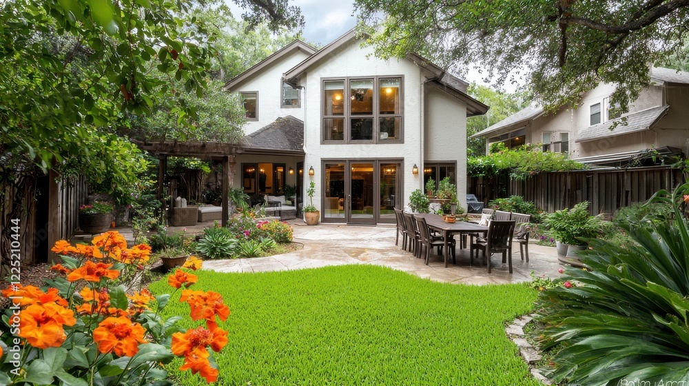 Naklejka premium Cozy Cottage Nestled in a Lush Vibrant Garden with Flowering Plants and Wooden Patio Furniture