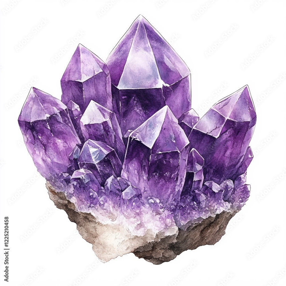 Watercolor amethyst cluster on white background with shades of purple and gray Watercolor amethyst cluster on white background with shades of purple and gray