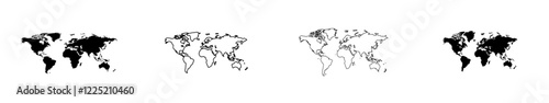 A world map divided into six continents in black: North America, South America, Africa, Europe, Asia, and Australia Oceania. Simplified black outline of a blank modern map without labels