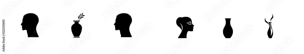 Illustration showcasing three examples of figure-ground perception, such as face and vase. It relates to figure-ground organization. This concept is integral to perceptual grouping. In Gestalt Illustration showcasing three examples of figure-ground perception, such as face and vase. It relates to figure-ground organization. This concept is integral to perceptual grouping. In Gestalt