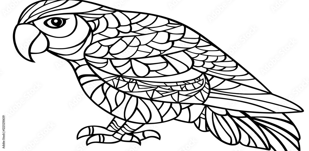Two stylized macaw (ara) parrot illustrations in monochrome and colored versions, designed for a freehand sketch in an adult anti-stress coloring book, incorporating doodle and zentangle elements Two stylized macaw (ara) parrot illustrations in monochrome and colored versions, designed for a freehand sketch in an adult anti-stress coloring book, incorporating doodle and zentangle elements