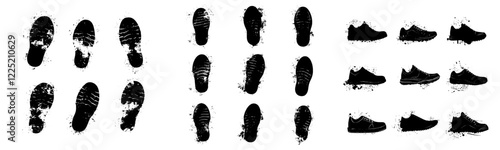 A silhouette of human shoes in a modern setting, with marks from boots
