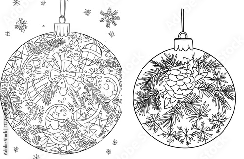 Joyful winter holidays coloring page featuring beautiful Christmas ornaments and an outdoor scene