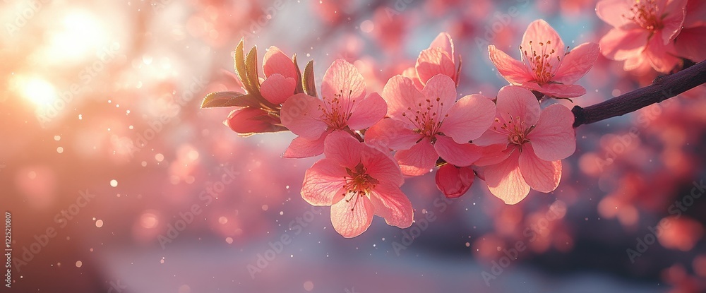 Pink Blossom Branch at Sunrise Soft Light Delicate Petals Spring Nature Pink Blossom Branch at Sunrise Soft Light Delicate Petals Spring Nature