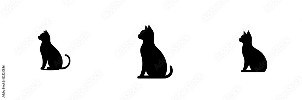 A black cat, modern in silhouette, sits against a white backdrop A black cat, modern in silhouette, sits against a white backdrop