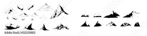 A contemporary selection of hand-drawn mountains and hills, isolated on a white background, comprised of black scribble artwork