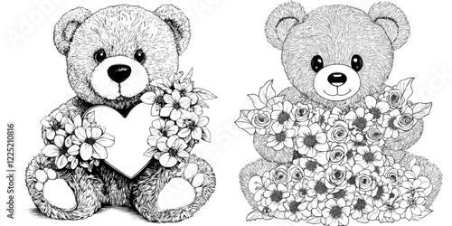 In this modern illustration, a teddy bear is depicted as being charmed by a heart among flowers, presented as a calming doodle ideal for meditative exercises. It functions as an anti-stress coloring