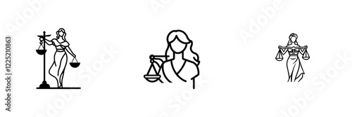 Themis statue holding scales balancing continuously in one line, a modern drawing. Symbol of justice, law, and order