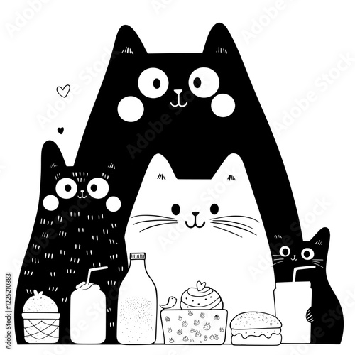 A doodle coloring page suitable for both children and adults featuring cute, modern kawaii cats enjoying food and sweets in a black and white illustration