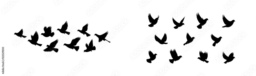 Obraz premium Silhouettes of flying birds on a clear background. Contemporary illustration. Isolated flying bird. Perfect for wallpaper and tattoo designs