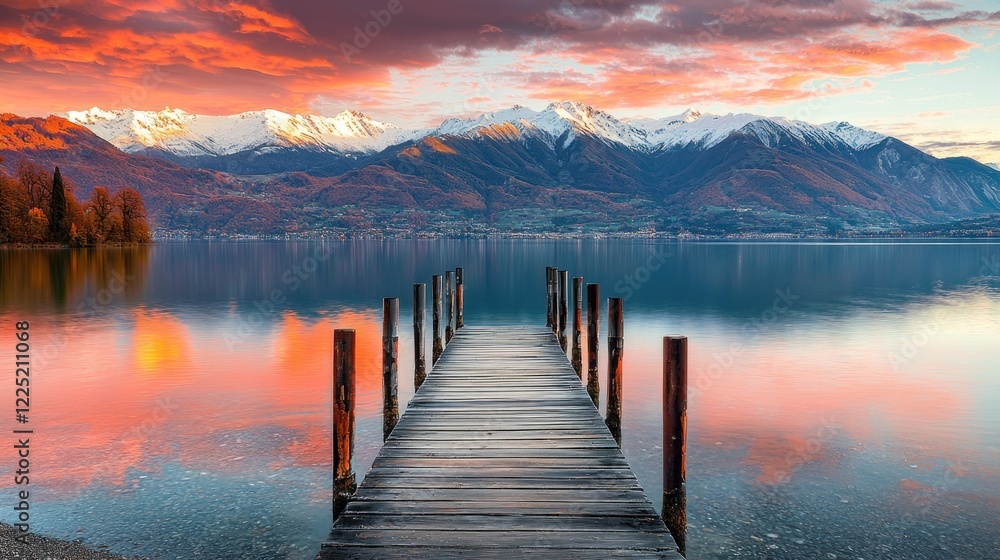 Fototapeta premium Serene sunrise over a lake with mountains and a wooden pier.