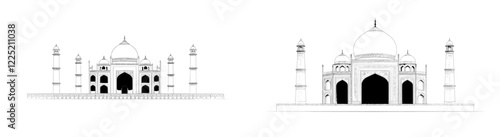 A hand-drawn modern illustration showcasing a building view with a prominent landmark in Ahmedabad, the biggest city in western India's state of Gujarat