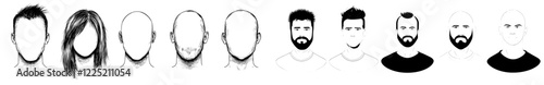 Illustration guidelines for barbershop, haircut salon, and fashion, with lined human heads viewed from multiple angles on a white background. Modern human head icon set