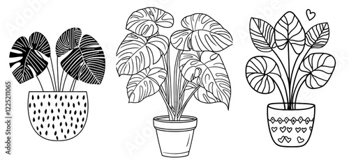 Hand drawn coloring page for kids and adults featuring a potted Monstera plant. The illustration is beautiful, with intricate patterns and fine details. Ideal for coloring enthusiasts. Available in