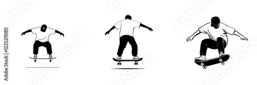 An outline-style depiction of a skateboarder. A teen on a skateboard, illustrated in a modern style
