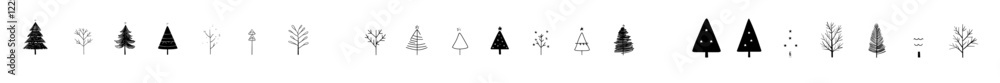 Hand-drawn Christmas tree silhouettes with black trees on a white background and gold stars Hand-drawn Christmas tree silhouettes with black trees on a white background and gold stars