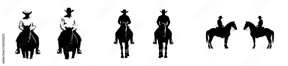 cowboy standing tall on his horse - a wild west ranger depicted in a modern black and white silhouette and outline cowboy standing tall on his horse - a wild west ranger depicted in a modern black and white silhouette and outline