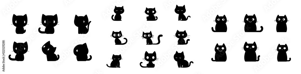 Set of funny cat silhouettes in different positions, modern illustration isolated on a white background, aimed at children Set of funny cat silhouettes in different positions, modern illustration isolated on a white background, aimed at children
