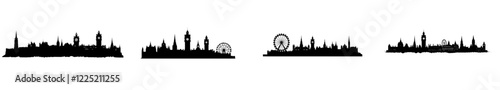 A black and white silhouette of Edinburgh's skyline featuring notable landmarks. An isolated modern illustration of the city's architecture