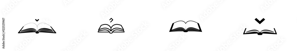 A contemporary black and white symbol illustration of an open book on a white background