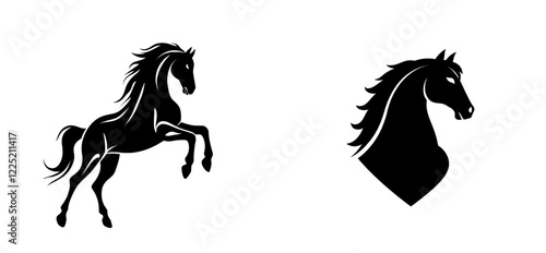 Side view modern illustration showcasing a profile silhouette of a black heavy draft stallion walking