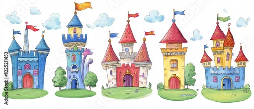 Vibrant Medieval Castle Doodles for Creative Projects - Six Colorful Illustrations to Enhance Designs and Imagery