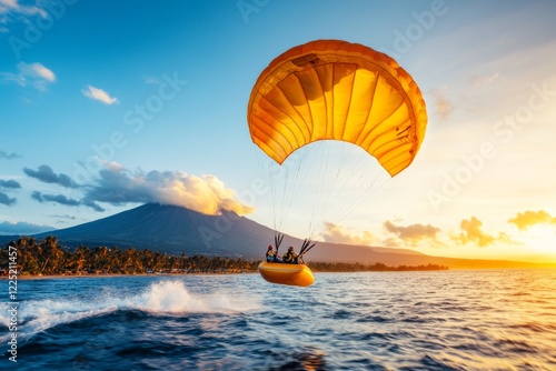 A person parasailing over the ocean, their feet dangling and their expression filled with awe and excitement as they soar through the air photo