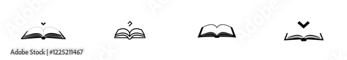 A contemporary black and white symbol illustration of an open book on a white background