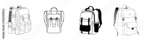 Mountain bag for traveling adventure trekking with a flat sketch modern illustration technical CAD drawing template