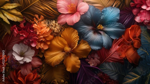 Wallpaper Mural Vibrant Tropical Floral Arrangement with Colorful Hibiscus Flowers and Foliage in Elegant Botanical Composition Torontodigital.ca
