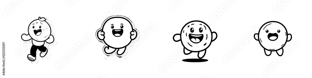 Black line retro cartoon donut running on a white silhouette with a gray shadow. Doodle style modern illustration for decoration, coloring, and any design Black line retro cartoon donut running on a white silhouette with a gray shadow. Doodle style modern illustration for decoration, coloring, and any design