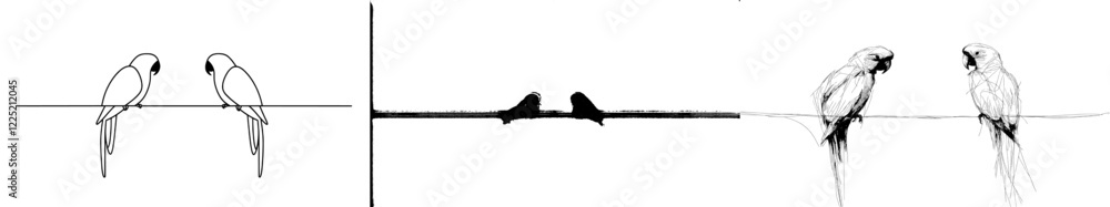 Modern and sleek, this one-line design includes two parrots sitting on a branch, set against a white background Modern and sleek, this one-line design includes two parrots sitting on a branch, set against a white background