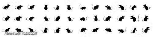 A silhouette of a mouse in various poses, modern and black on a white backdrop