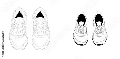 Modern line art drawing of Pair Women's Running Sneakers, ideal for custom sport shoe designs, presented in an outline modern doodle style, front top 3D view isolated on a white background