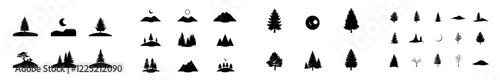 Set of modern hand-drawn nature and forest illustrations, line art drawing