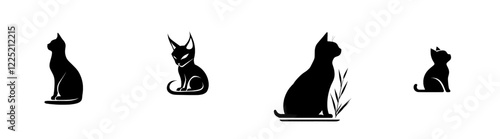 Black silhouette of a cat looking back, isolated against a white background. Modern flat illustration