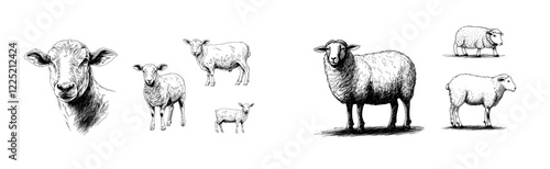 Lamb, sheep, and ram domestic animals drawing, hand-drawn engraving style cattle silhouettes and heads. Retro modern illustrations, set isolated