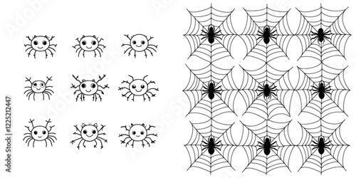 A set of spider webs icon, featuring a black outline in a linear silhouette style with editable strokes, presented from a front view. This is a modern, simple, and flat graphic illustration of an